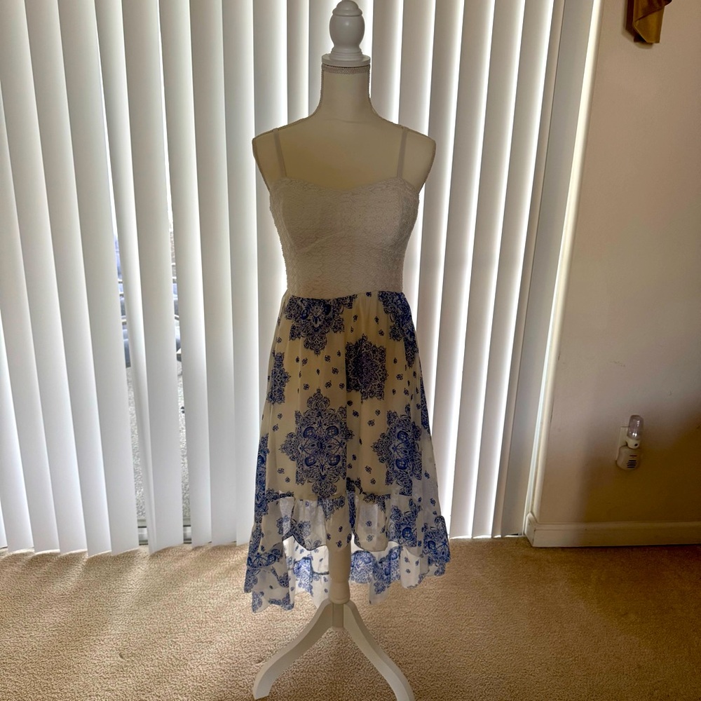 White & Blue high low summer midi dress